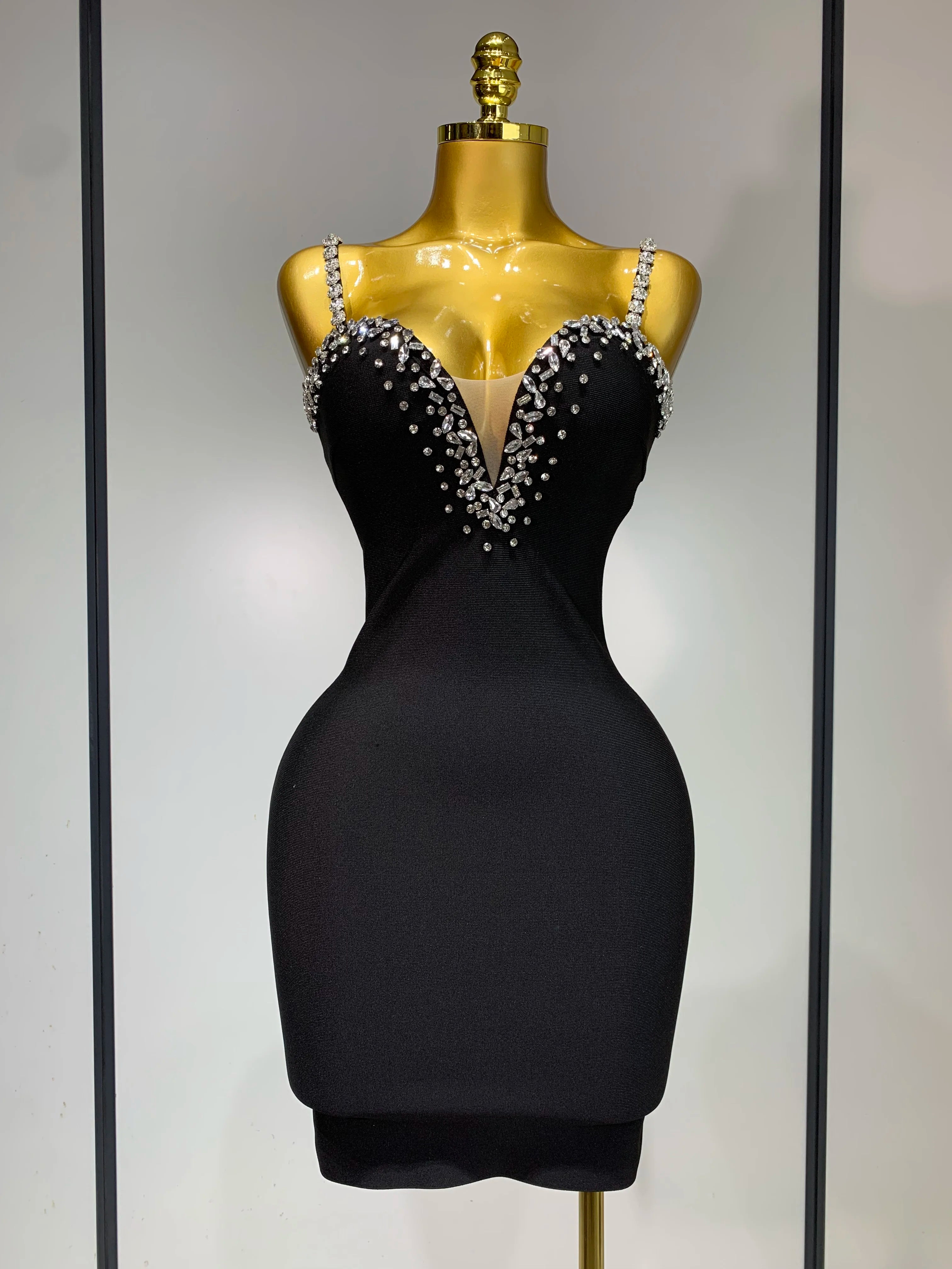 Women Sexy Sling V-neck Black Mini Bodycon Bandage Dress Luxury 2025 Celebrity Evening Club Celebrity Elegant Party Gowns black