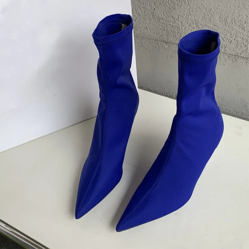 New Spring Autumn Stretch Fabric Women Ankle Boots Sexy Pointed Toe High Heels Fashion Female Socks Pumps Shoes Blue