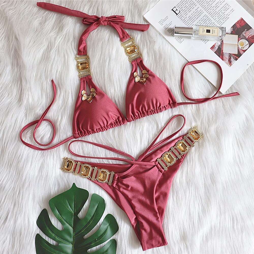 Rhinestone Bikini Swimwear - Swimsuits Crystal Sequined Sexy Low Waist Bikinis Sets Female Beach Bathing Suit Bather BikinisC03