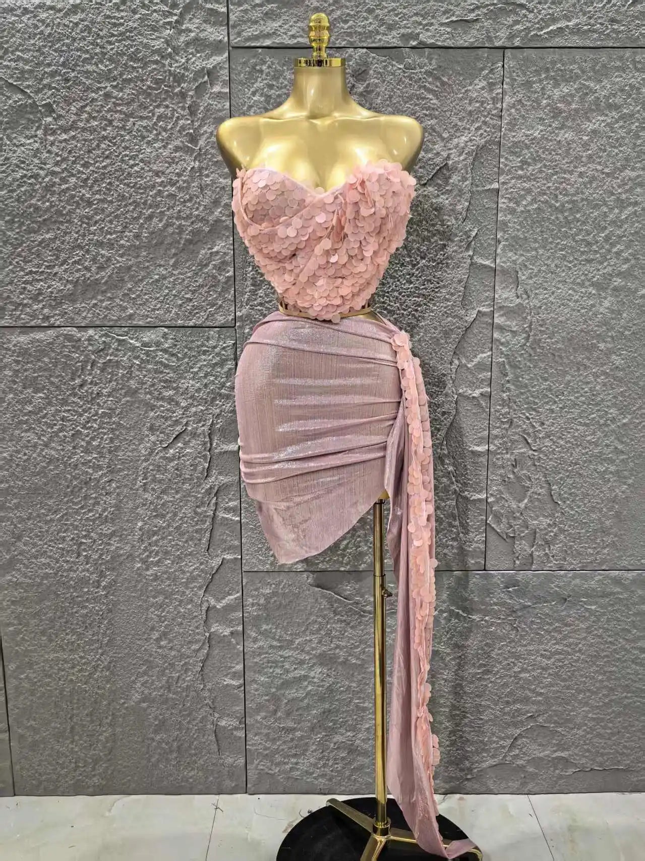 STOCK Women Sexy Shinning Sequins Strapless 2 Pieces Bodycon Mini Dress Nightclub Party Performance Costume Birthday Outfit