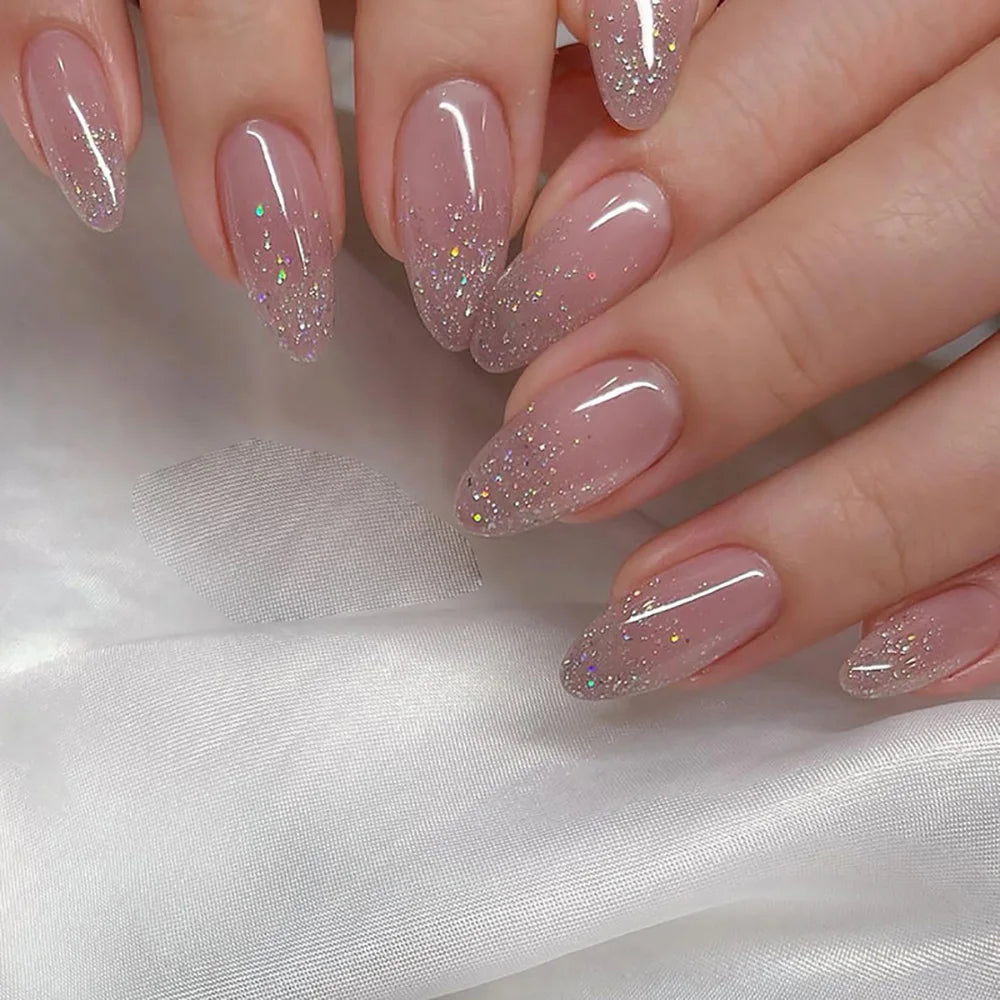 24pcs/set Glitter fake nails for women girls super flash sparkling gradient pink black tips faux ongles press on false nail art 982