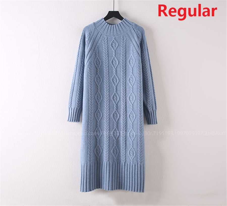 Winter Thicken Plus Velvet Sweater Dress Women's Fall Mock Neck Rib Knit Bottoming Dresses Elegant Warm Vestido Midi With Coats blue