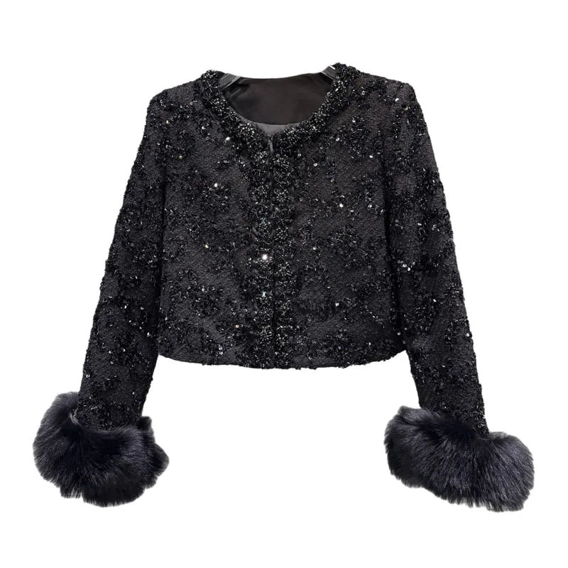 Winter New Fashion Fox Fur Cuff Beaded Edge Cotton Inner Short Coat For Women High-end Elegant Jacket Female 11A07516