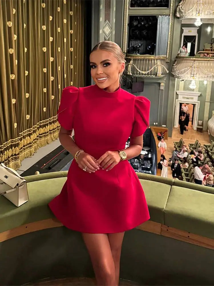 Fashion Red Bow Mini Dress Short Sleeve Women Pad Shoulder Dresses Backless Hollow Out Ladies Summer Chic A-line Party Vestidos