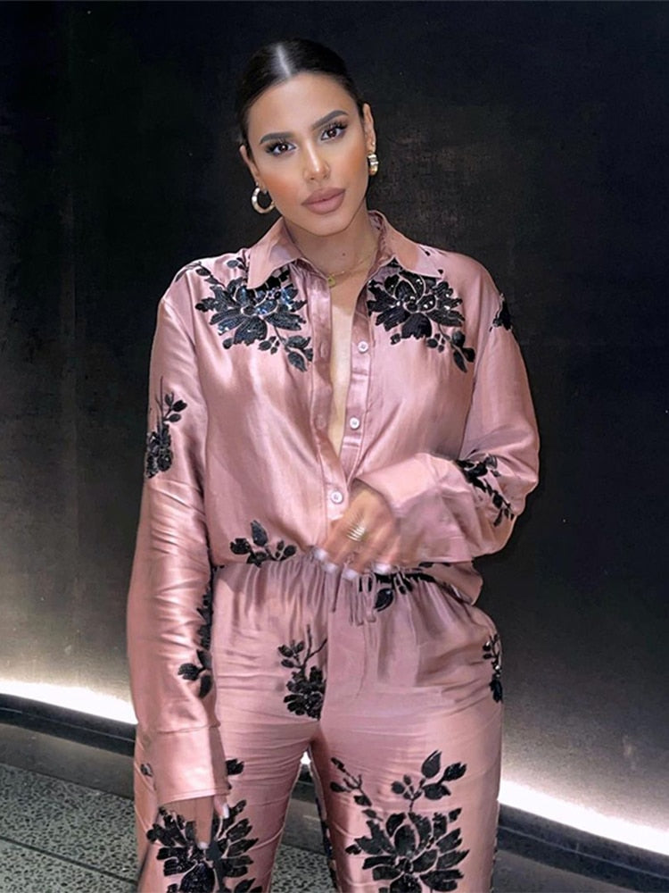 Woman 2 Pieces Shirts Pants Suit 2024 New Fashion Printed Blouses Tops Straight Trousers Set Female Casual Single Breasted Shirt