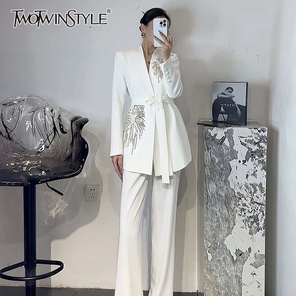 Solid Slimming Two Piece Sets for Women V Neck Long Sleeves Patchwork Sequins Top High Waist Pant Fashionset Female