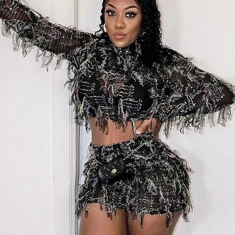 Weird Puss See Through Patchwork Women 2 Piece Set Elastic Tassel Thin Crop Tops+Skinny Skirts Matching Midnight Party Clubwear black