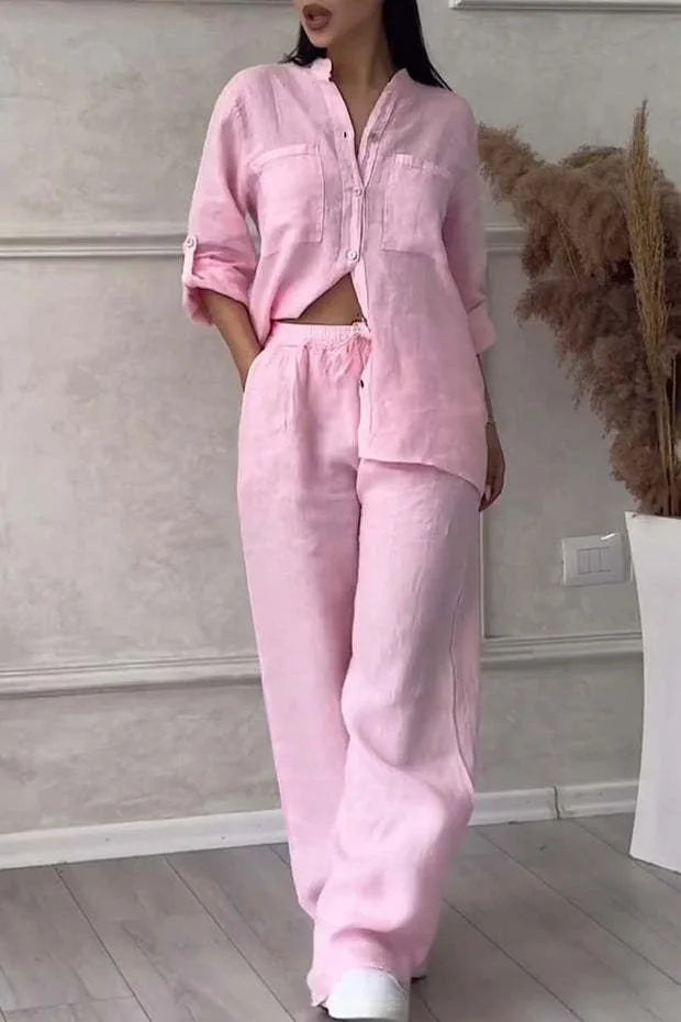 Women Plus Size Two Pieces Set Drawstring Straight Elastic Waist and Long Sleeve Button Shirt Top Matching Set Linen Cotton Set Pink