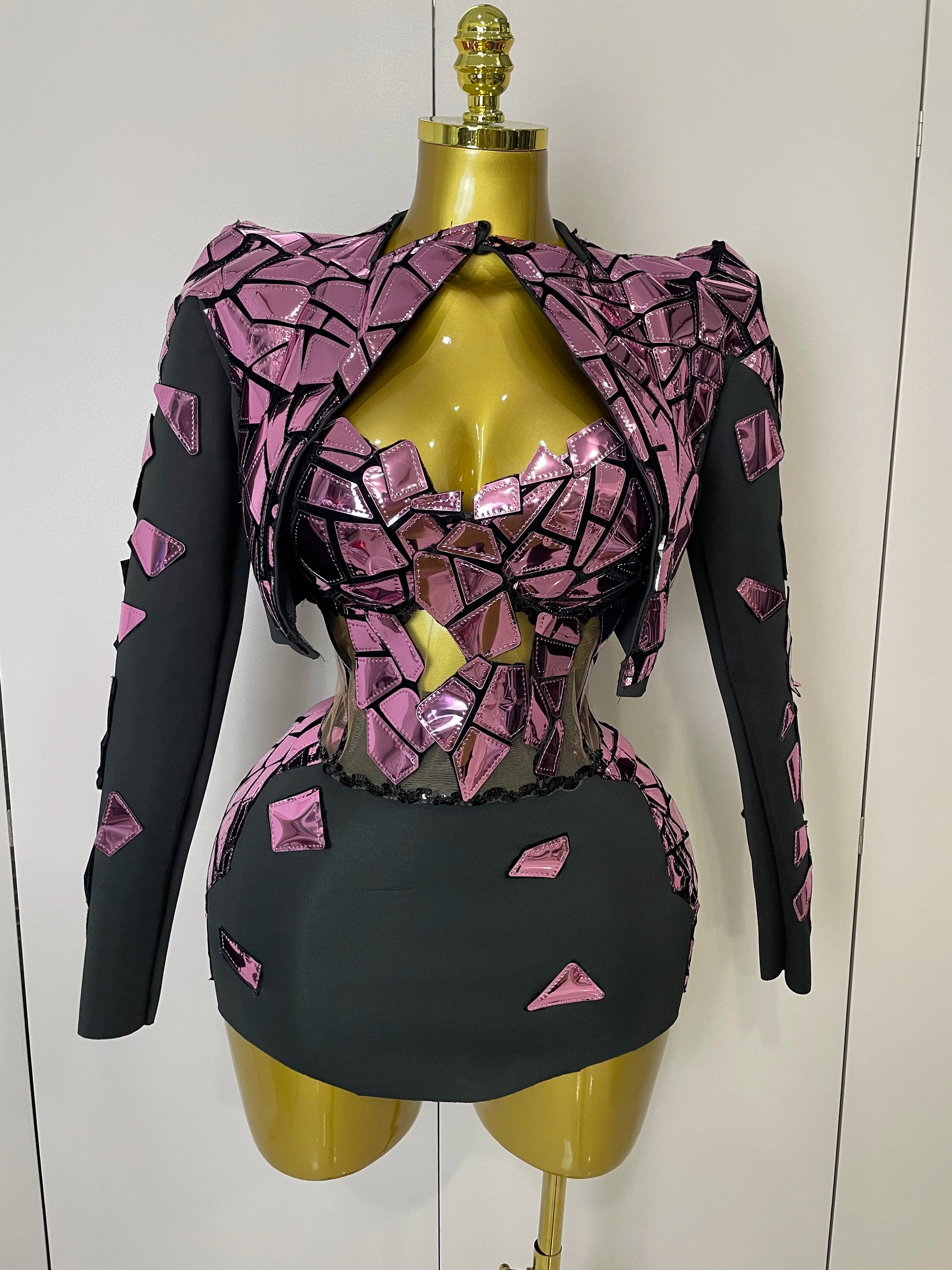 STOCK 2025 Women Sexy Pink Glitter Sequin Mirrors Short Skirt 3pcs Set Birthday Party Nightclub Queen Drag Stage Costume Pink