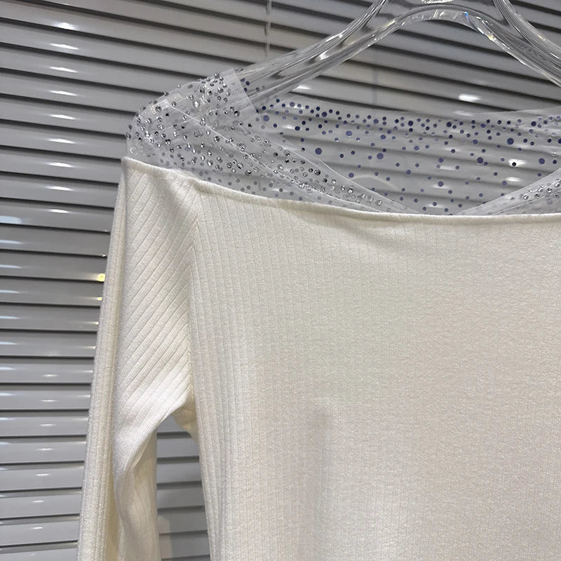 Winter New Elegant Fashion Shiny Rhinestone Mesh Off-Shoulder T-Shirt For Women Patchwork Tops Female Trend 11A07654