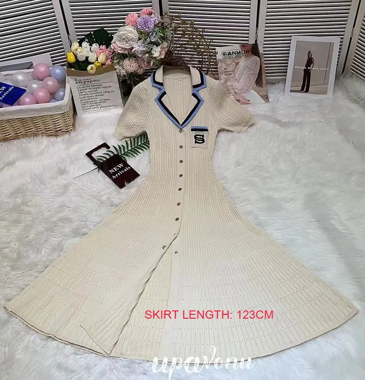 Elegant Women's Slim Fit Knitted Dress Fashionable Polo Neck Short Sleeve Single breasted Design Split Knitted Mid length Dress