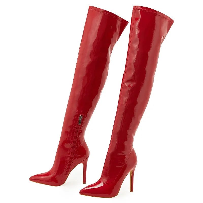 Eilyken Sexy Stiletto High Heels Women Over-the-Knee Boots Pointed Toe Strippers Ladies Shoes Pole Dancing Long Botas De Mujer Red