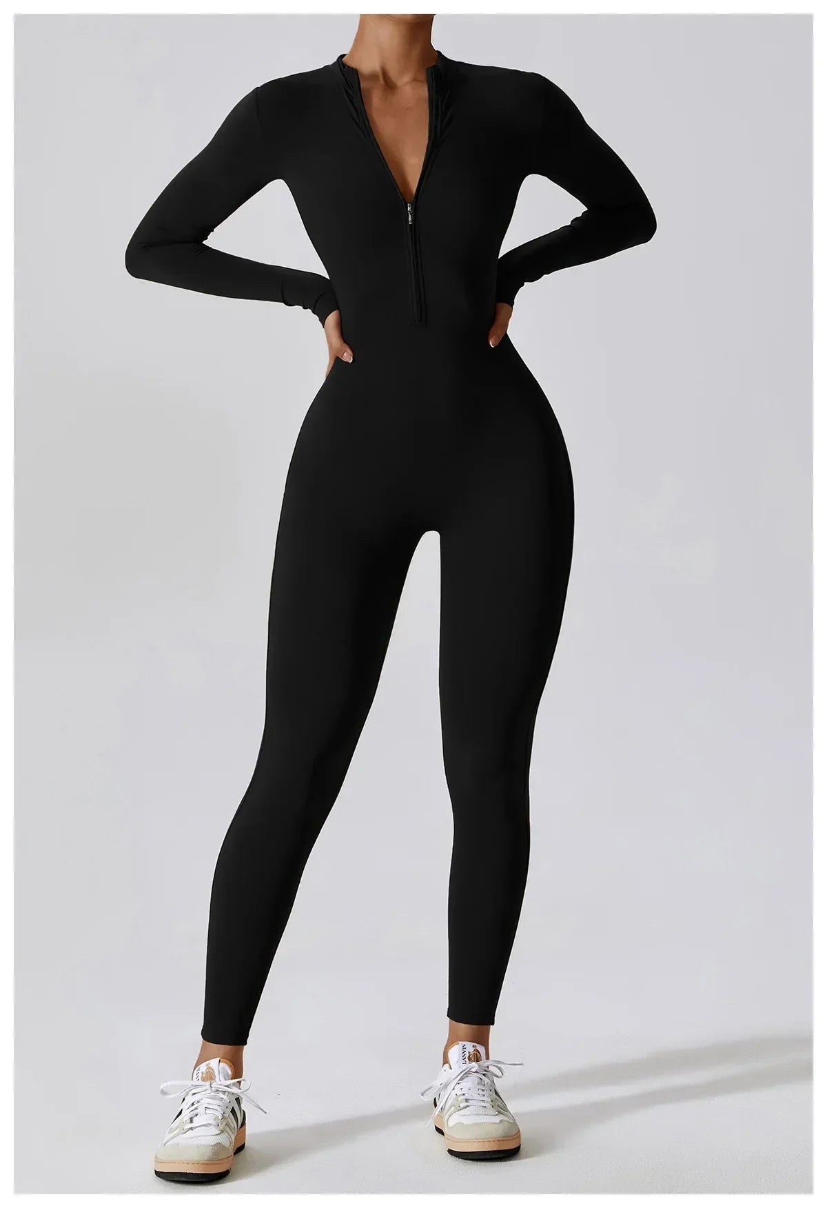 Yoga Jumpsuit Women Seamless Sports Zipper Jumpsuit Set Gym Long Sleeve Fitness Suit Elastic Gym Workout Bodysuit Athletic Wear black