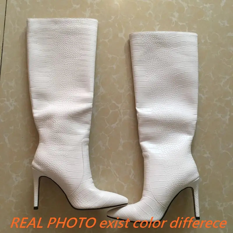 Size 43 Women Sexy Pattern Knee High Boots 2022 Autumn High-heel Pointed Toe Women's Shoes Black White