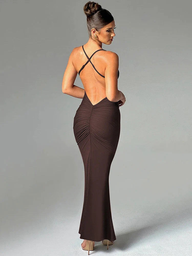 Spaghetti Strap Backless Sexy Maxi Dress For Women Fashion Summer New Sleeveless Bodycon Club Party Long Dress Elegant Brown