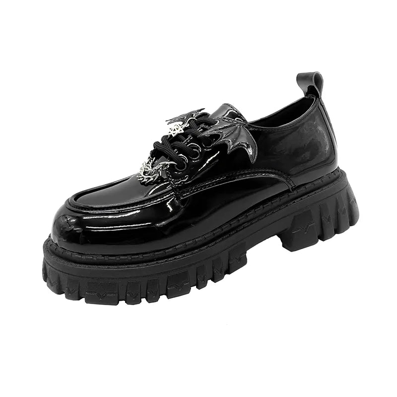 Punk Wind Fashion Single Shoes Autumn Devil Bat Wings Gothic Women's Shoes Thick Bottom Waterproof Platform Metal Chain Glossy Black