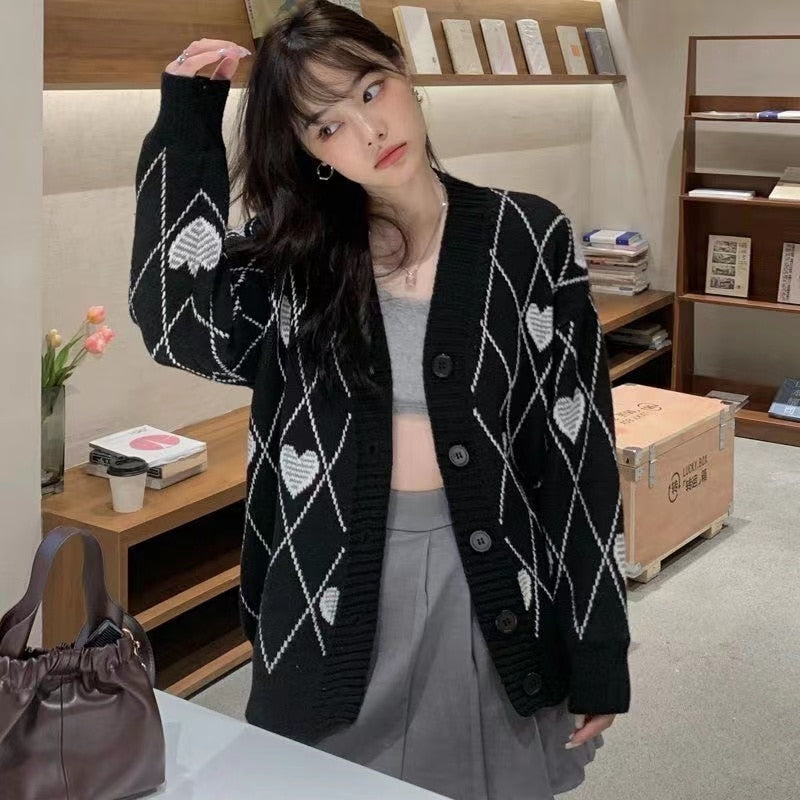 Women Knitted Cardigan Argyle Heart Pattern Jacquard Sweater Long Sleeve Love Style Coat Fall Winter Vintage Korean Tops