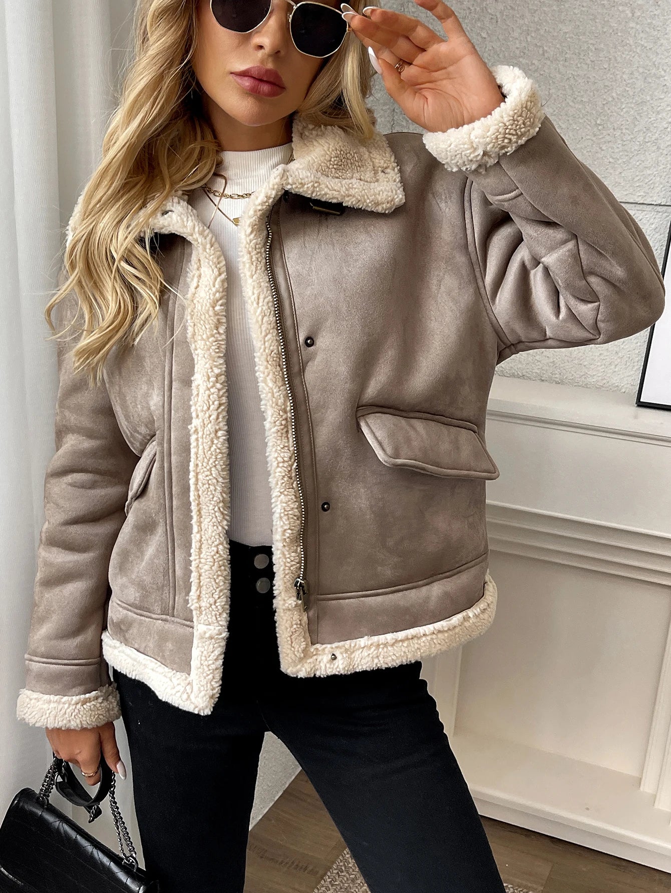 Fitaylor Autumn Winter Women Faux Suede Lamb Jacket Casual Lady Thick Warm Motorcycle Leather Outwear
