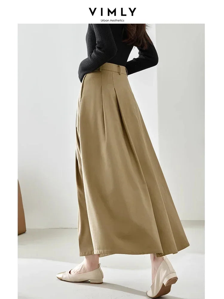 Vimly High Waist Swing Maxi Skirt for Women Spring Solid Elegant Office Lady Khaki A-line Long Skirts Womans Clothing M2689