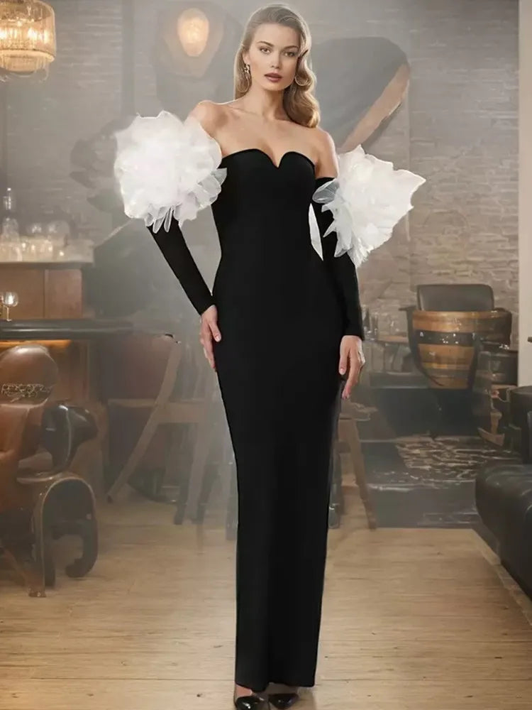 Women Sexy Off Shoulder Long Sleeve Red Black Maxi Long Celebrity Bodycon Bandage Dress 2025 Elegant Evening Club Party Dress black