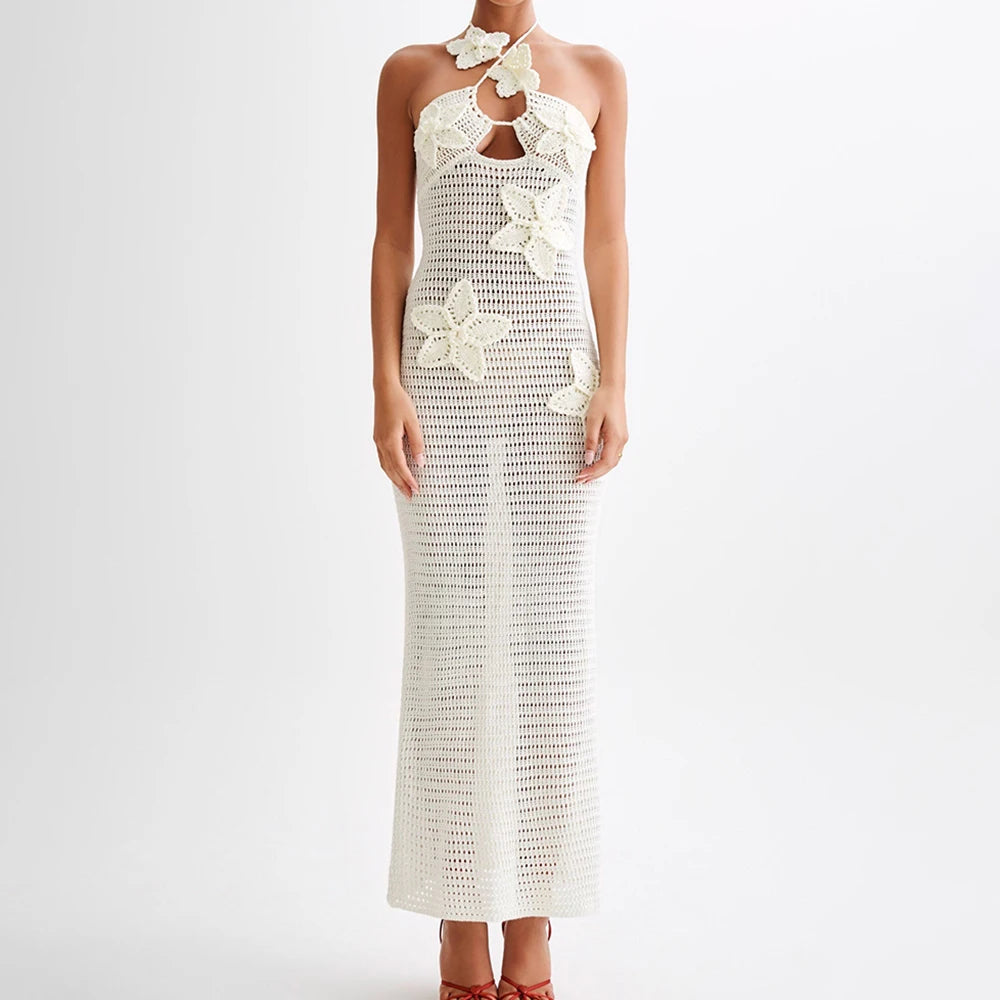 Patchwork Appliques Knitted Dress For Women Halter Sleeveless High Waist Slimming Dresses Female Fashion Clothes APRICOT