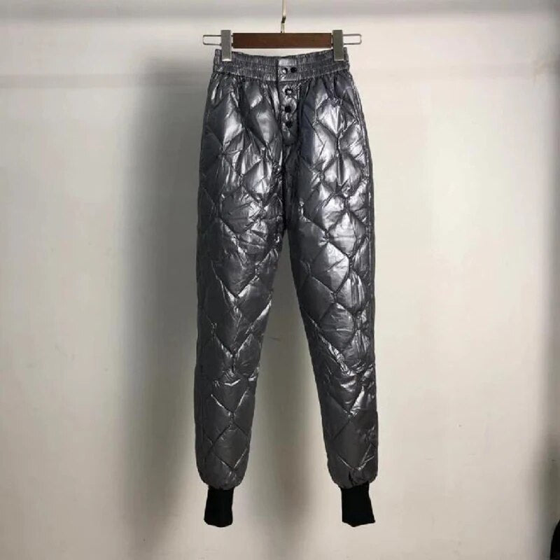 Women Glossy Diamond Down Pant 2024 Winter Fashion High Waist Harem Trousers Plus Size Warm Padded Quilted Pantalones Windproof