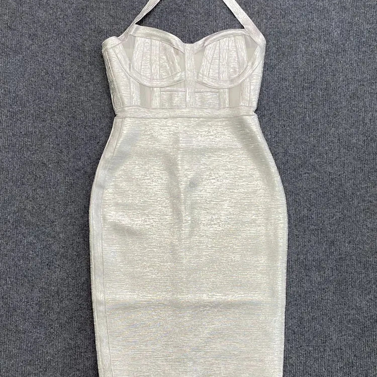 Sexy Summer Coated Bandage Dress Women Neck Hanging Sleeveless Bodycon Backless Mini Dress Celebrity Evening Club Party Vestidos Silver