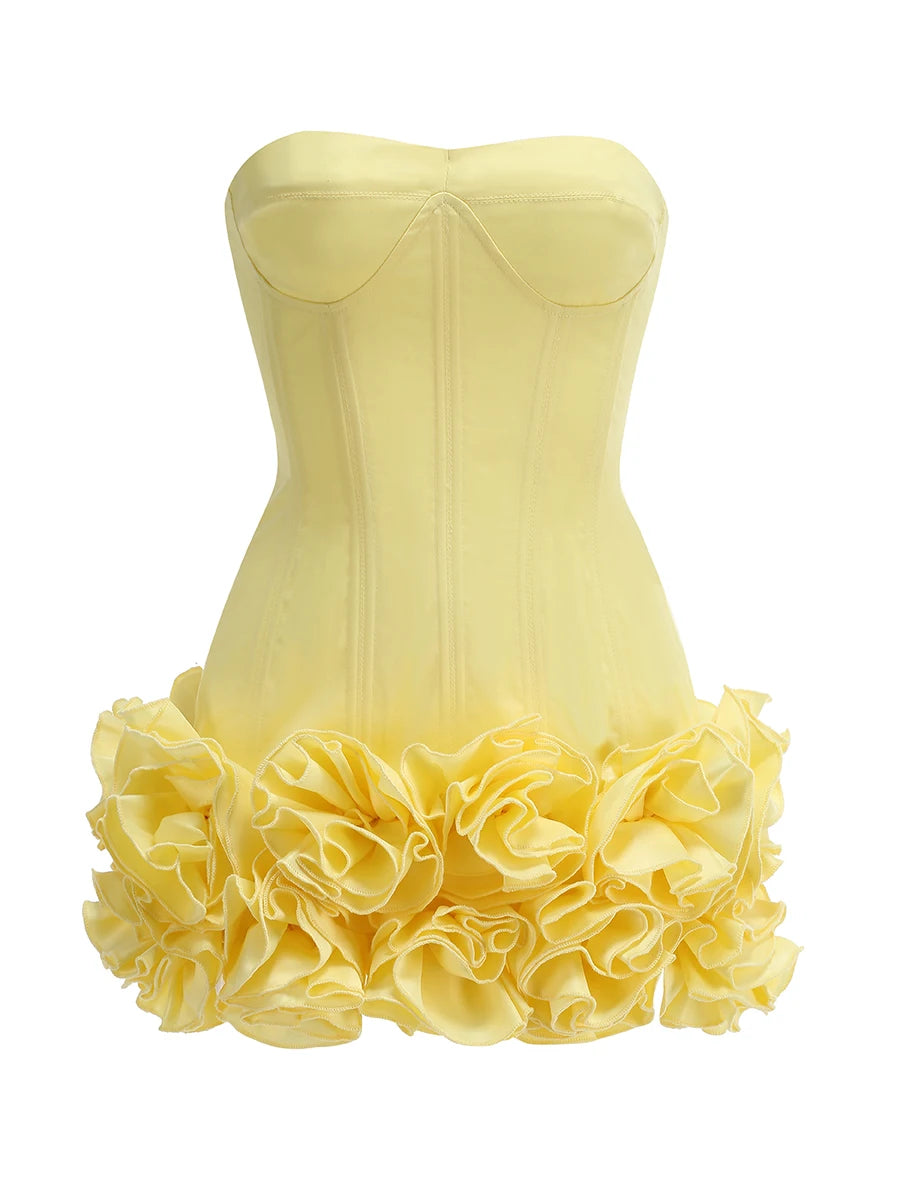 Christmas Dress Strapless Backless Red Structured Floral Embellished Mini Length Bodycon Celebrity Party Cocktail Dress Yellow