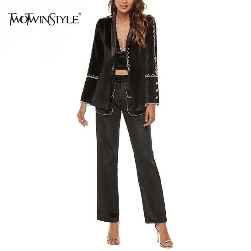 Solid Spliced Bead Three Piece Sets for Women Lapel Long Sleeves Top V Neck Sleeveless Vest Long Pants Set Female