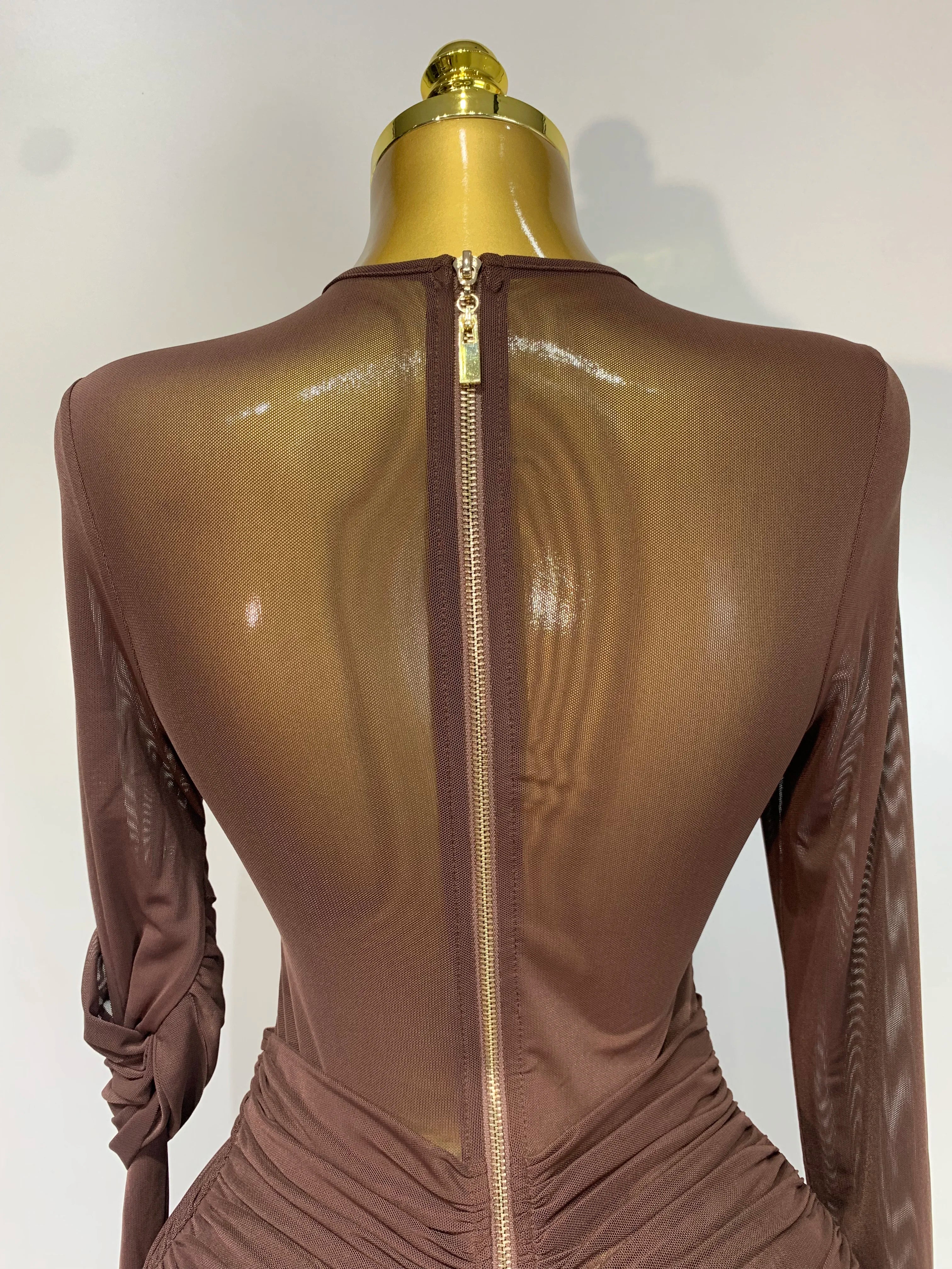 Elegant Brown Mesh Fold Long Sleeve Bodycon Dress Women 2025 Evening Party Club Sexy Perspective Fashion Luxury Birthday Dresses