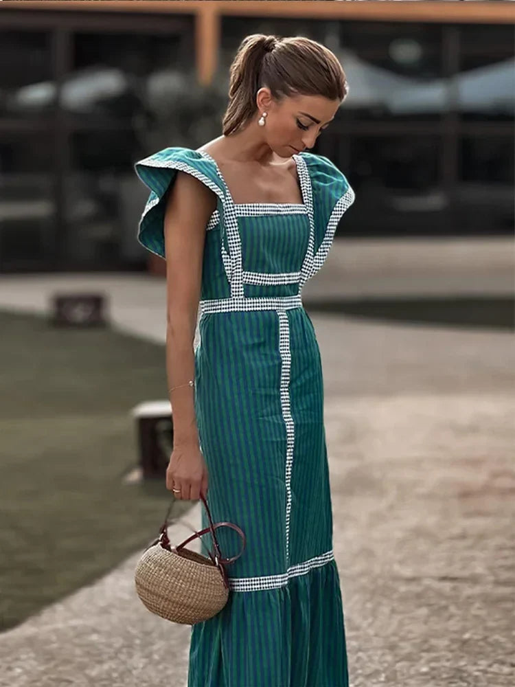 Vintage Plaid Flying Sleeve Shoulder Midi Dress Elegant Spliced Square Collar High Waist Vestidos Spring High Street Female Robe Green
