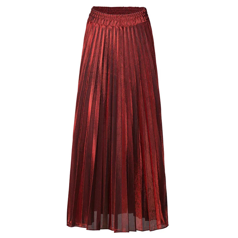 Women Shiny Luster Long Pleated Skirt Beach Party High Waist A-line Umbrella Long Skirt for Autumn Red