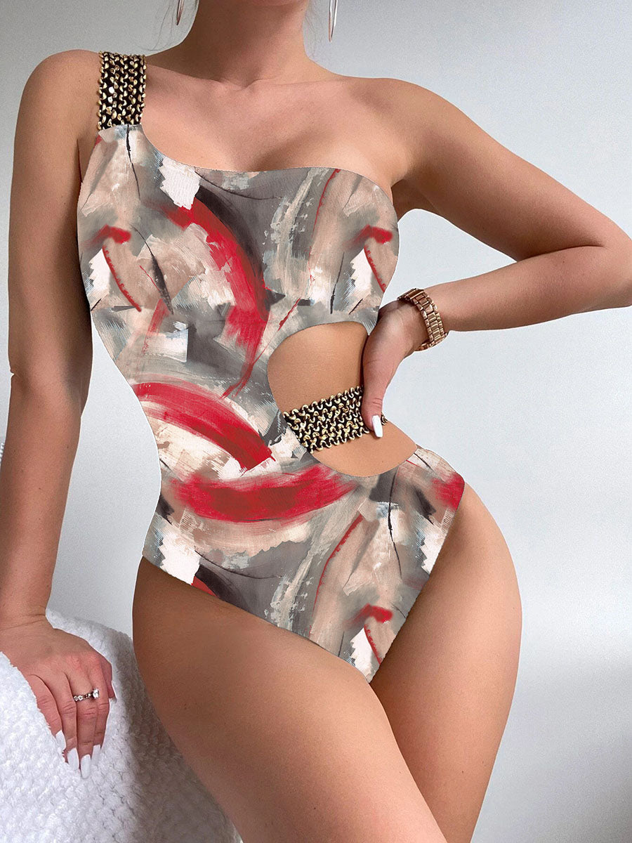 Sexy One Shoulder Strapped Print Swimwear - Push UP High Cut One Piece Swimsuit Monokini Backless Bathing Suit 7521 NO 2