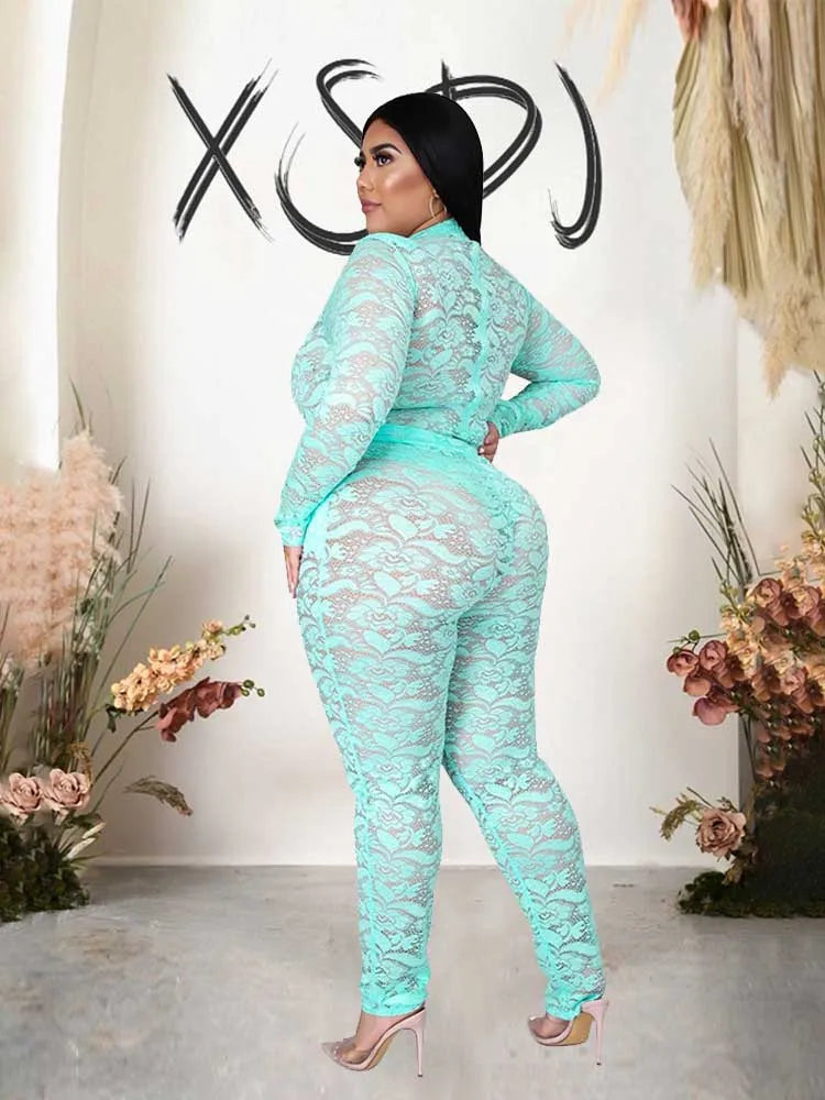 Chic and Elegant Woman Set Night Club Wear Plus Size Women Hot Outfit Transparent Lace Bodysuit and Pants Sexy Festival Outfit