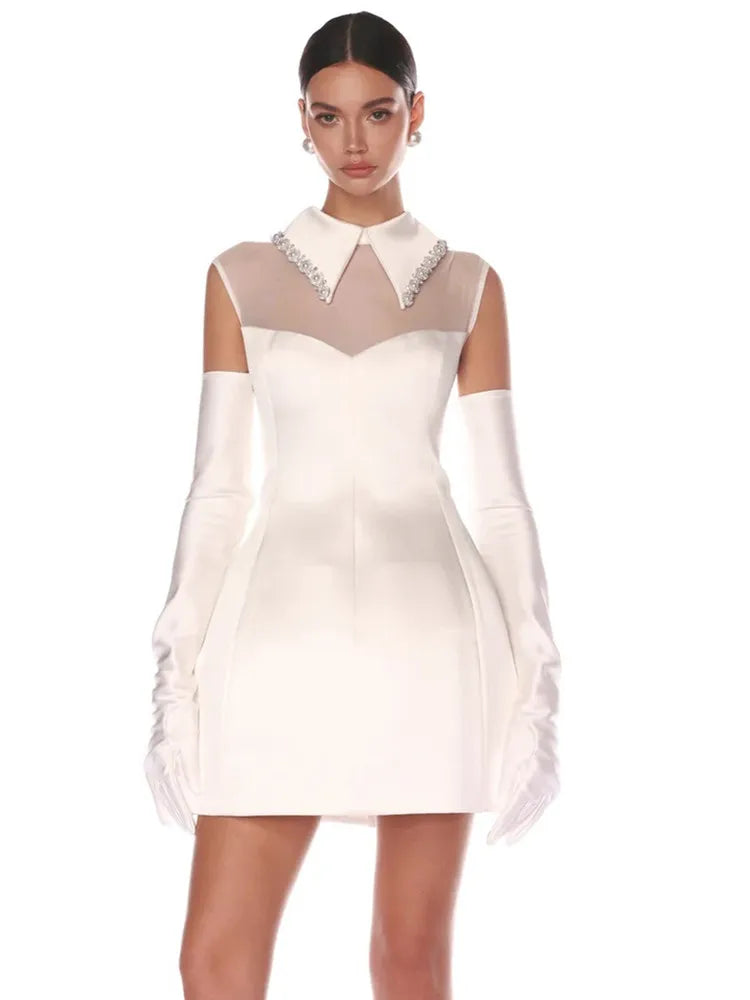 Luxury Women Celebrity Sexy Tank White Pearl Diamonds A Line White Mini Bodycon Dress Elegant Evening Club Party Dress