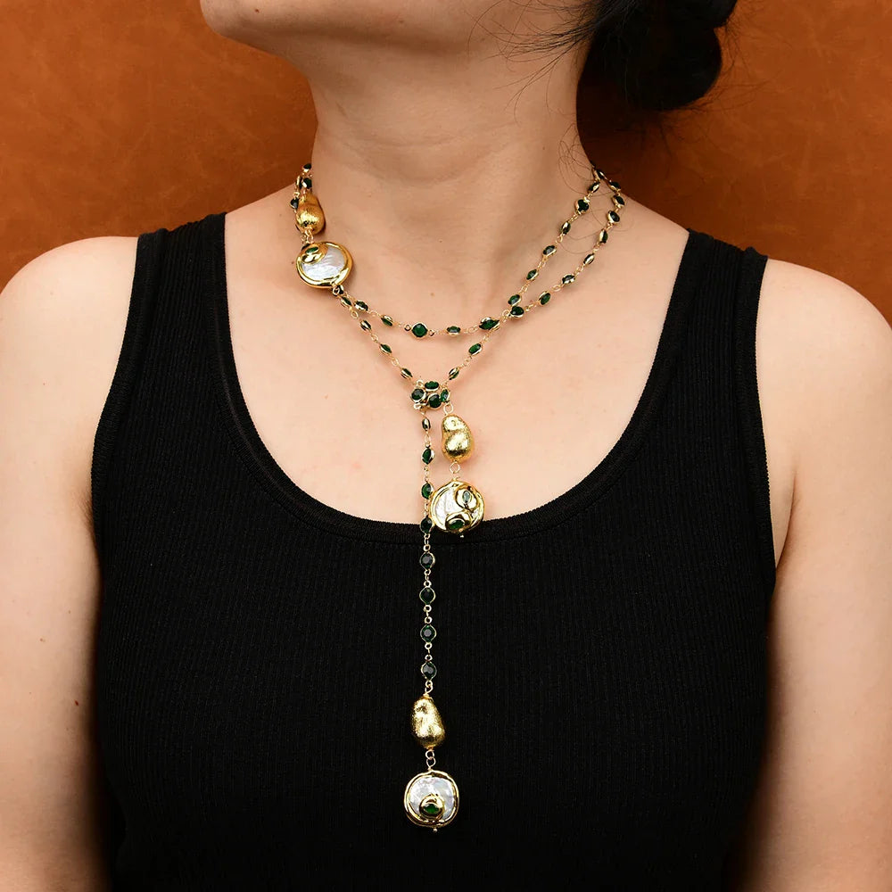GG 46" Natural Cultured White Coin Pearl Green Crystal Paved Brushed Bead Long sweater chain Necklace