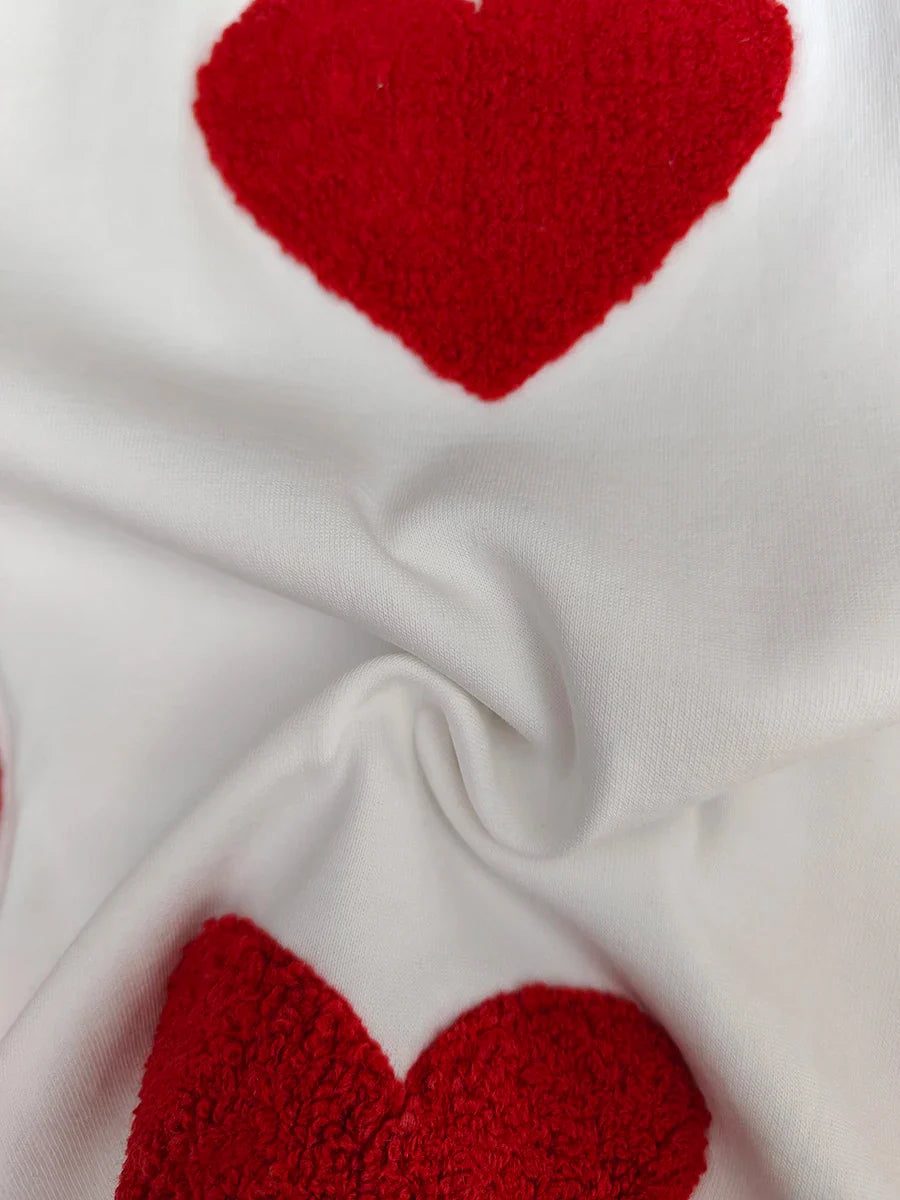 White 100% Cotton T-shirt for Women Summer Loose Oversized T-shirt with Heart Embroidery O-neck Pullovers Short Sleeve Tops