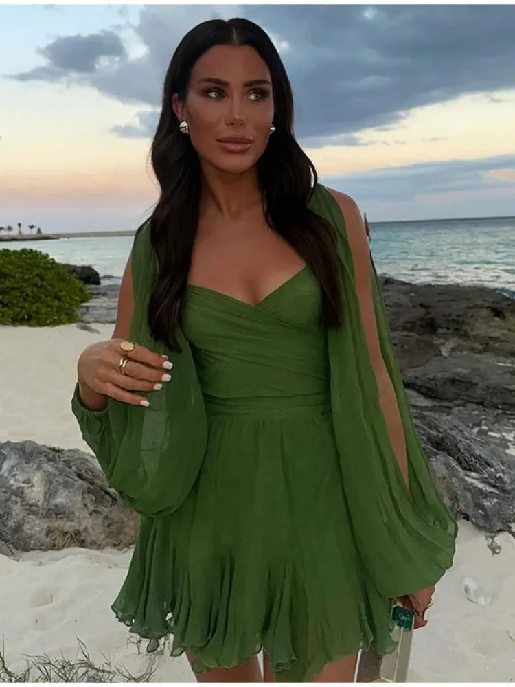 Chiffon Green Ruffles Mini Dresses Women Elegant Long Sleeve A Line Beach Robe Fashion Lady Ruffles Holiday Summer Party Vestido