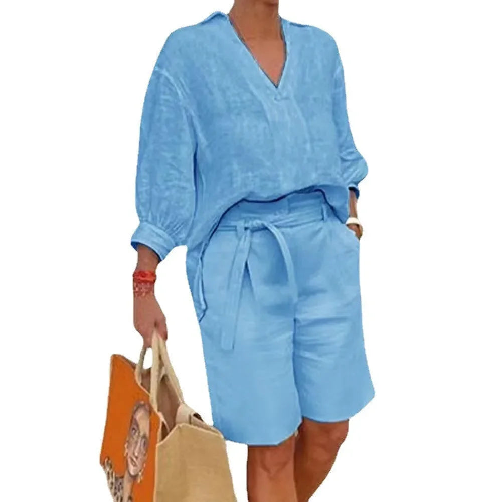 2024 Summer Fashion Plus Size New Matching Collection Women's Shorts Set V-neck Short Sleeves Sports Cotton Linen Two Piece Set Blue