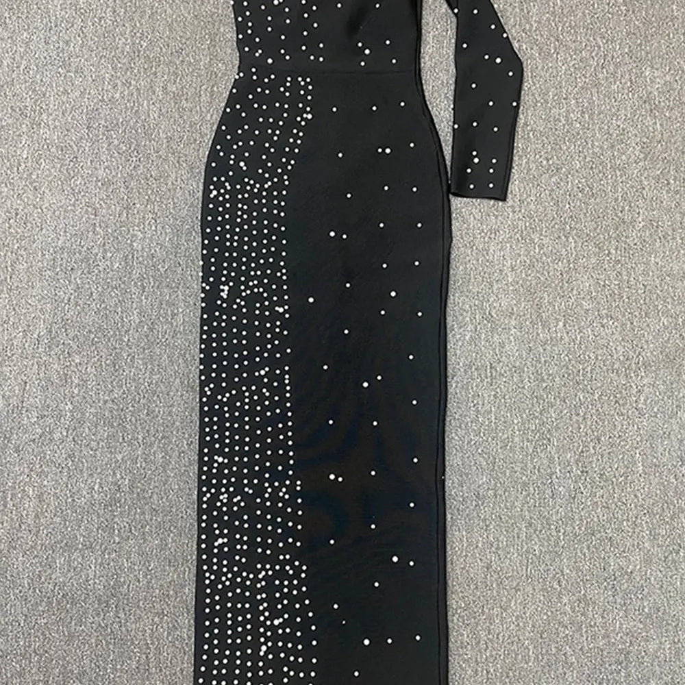 2024 Sexy Women's Light Luxury Pearl Design Bandage Dress with Diagonal Collar One Shoulder Long Sleeve Bodycon Christmas Dress black