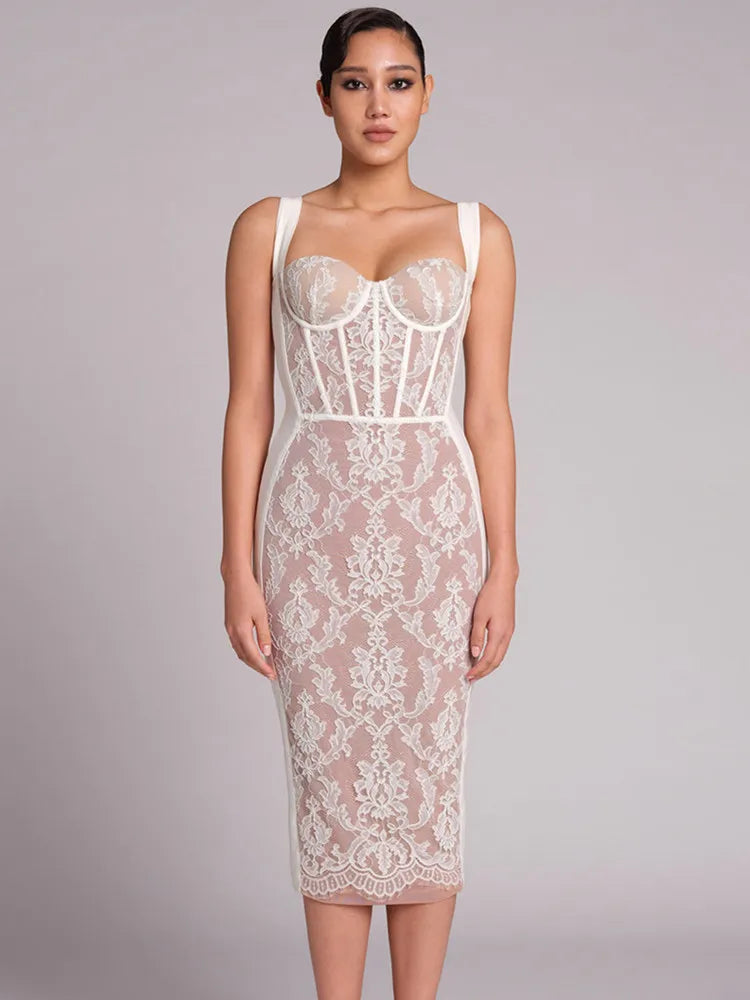Women Summer Sexy Sleeveless Black Beige White Lace Midi Gowns Bandage Dress Elegant Celebrity Evening Party Club Dress