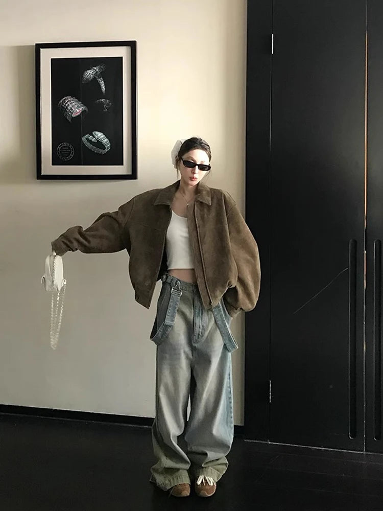 Lautaro Spring Autumn Cool Oversized Faux Suede Leather Jacket Women Turn-down Collar Luxury Designer American Retro Clothing camel