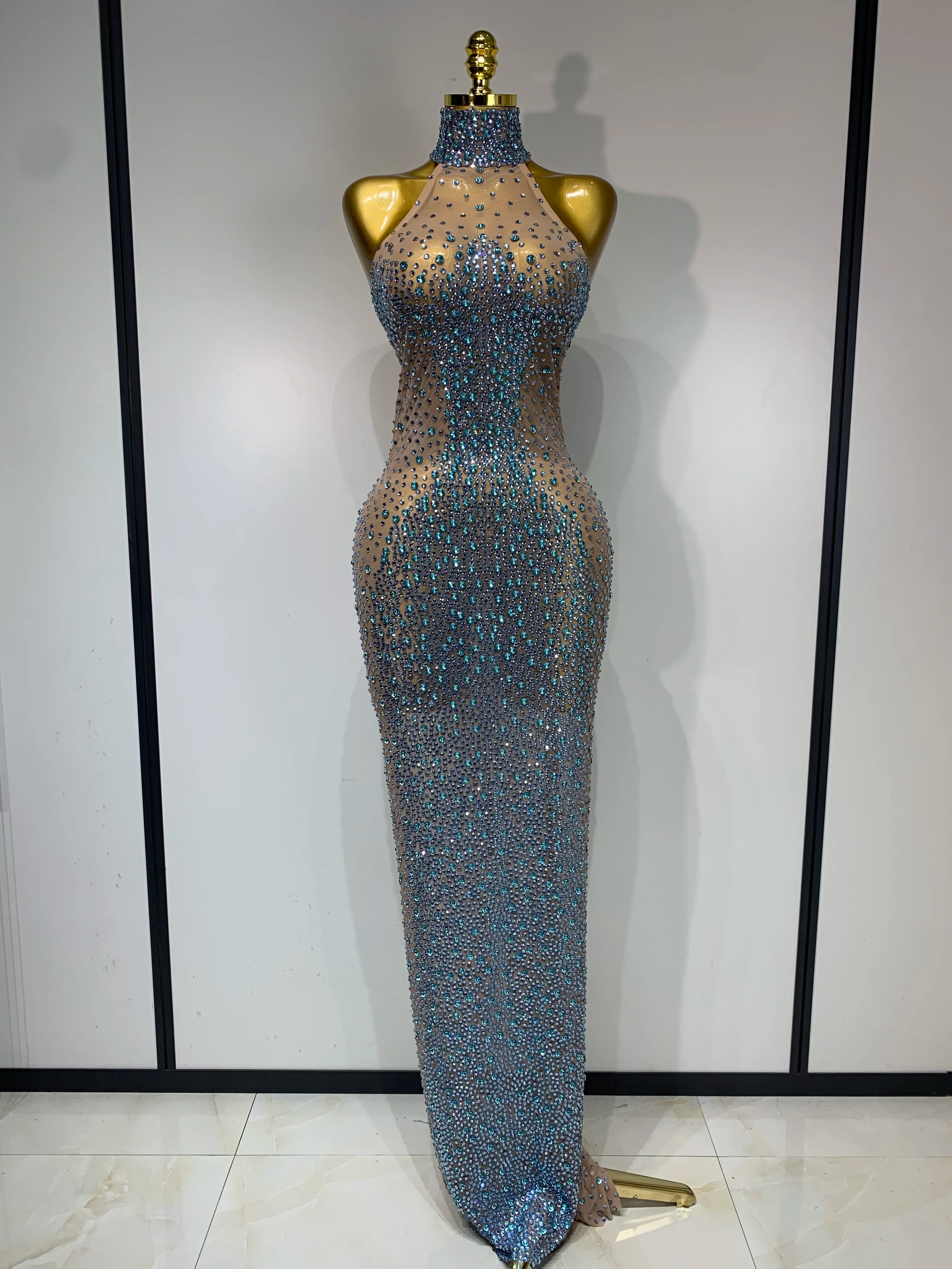 Women Luxury Birthday Celebrate Dress Dancer Party Show Stage Outfit 2025 Sparkly Rhinestone Elastic Mesh See Through Long Dress SKY BLUE