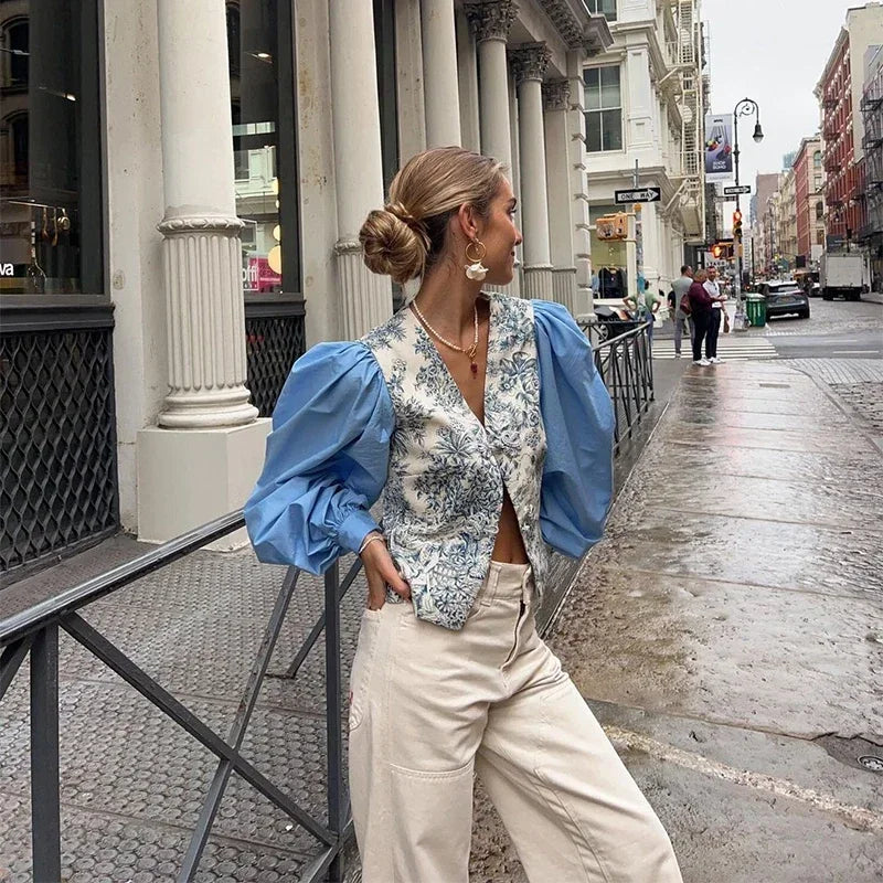 Chic Patchwork Print Floral Shirt Women V-neck Coil Buckle Lantern Sleeve Split Female Blouse Spring Summer Lady Streetwear Photo color