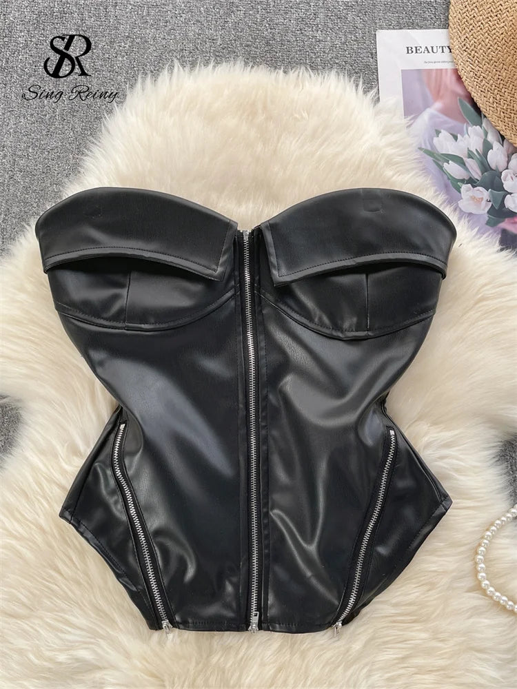 SINGREINY Strapless PU Leather Short Tank Top Fashion Zipper Design Slim Chic Backless Camis Ladies Streetwear Club Sexy Top black One Size