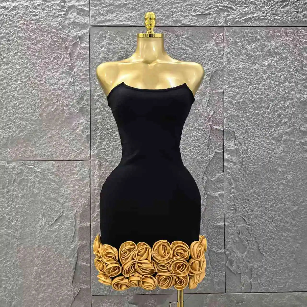 Black Color Golden Florlas Women Sexy Strapless Bodycon Mini Bandage Dress Celebrate Nightclub Party Birthday Vacation Wear black