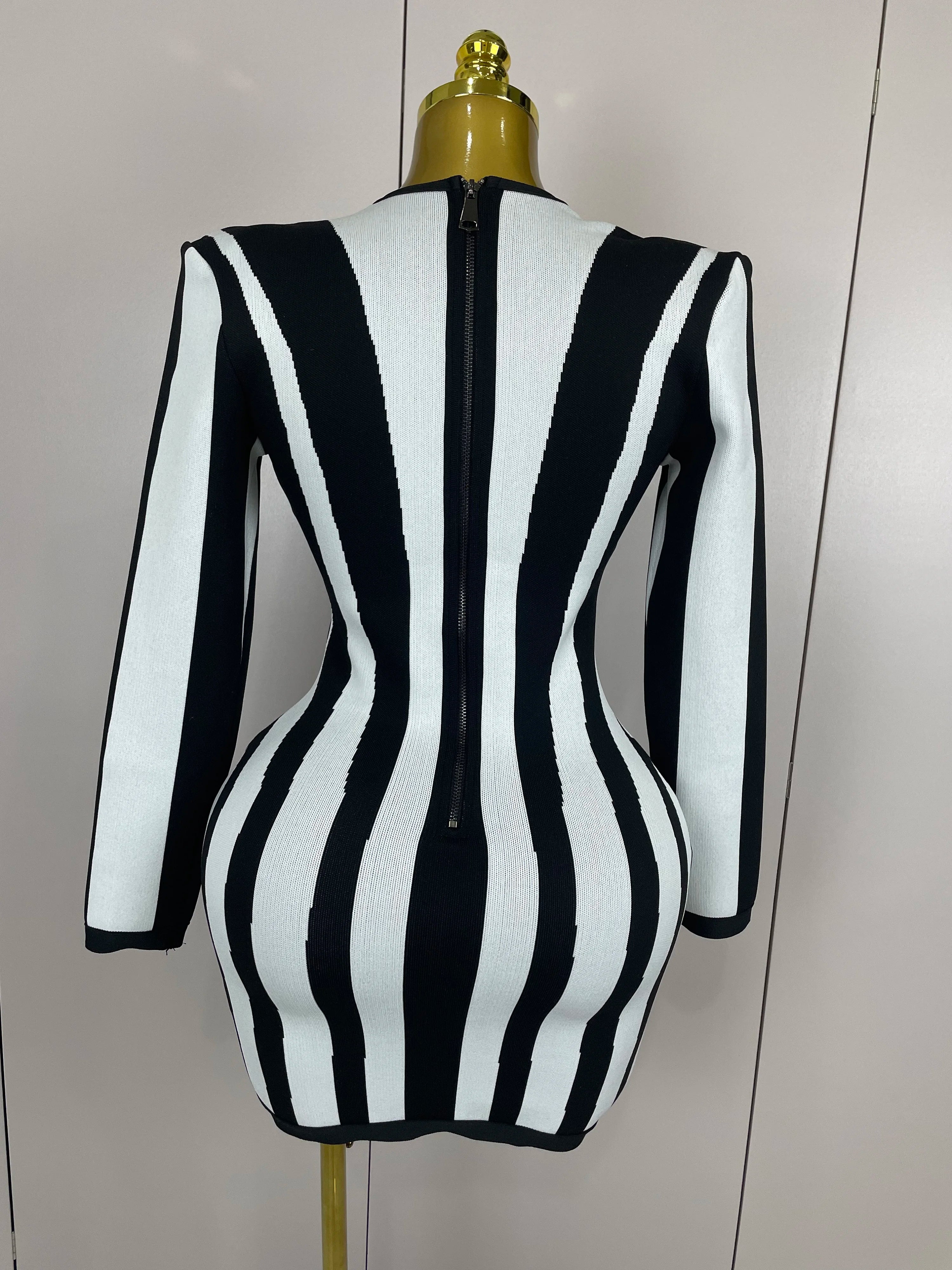 2025 Luxury Sexy Long Sleeve Stripe Black White Mini Bandage Dress Women Knitted Celebrity Elegant Evening Club Birthday Dresses