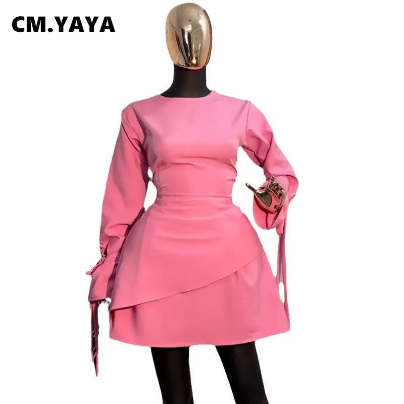 Women Tie Up Bow Long Sleeve O-neck Mini Dress 2025 Birthday Holiday Sexy Club Party Evening High Street A-Line Dresses