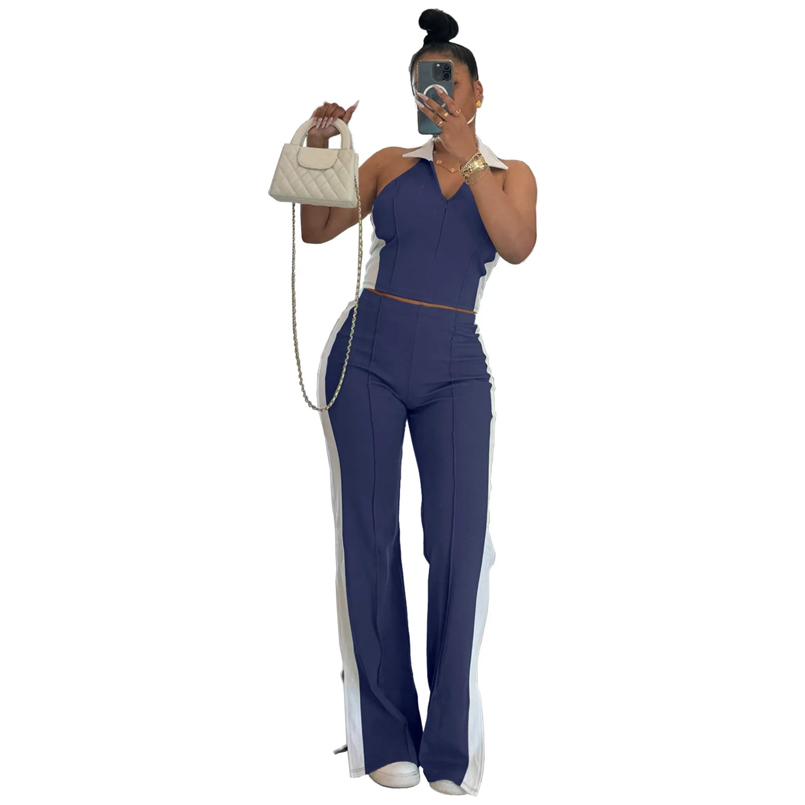 Sporty Patchwork Women's Set Sleeveless Polo-tank Tops and Slit Flare Pants 2025 Active Two 2 Piece Set Outfit Tracksuit Dark Blue