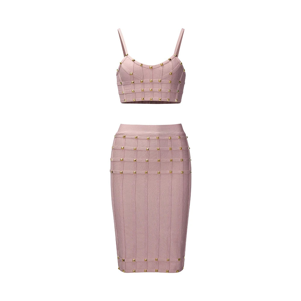 Chic Pink Studded Crop Top and Skirt Set for a Trendy Rooftop Party Evening Gown Dress Pink